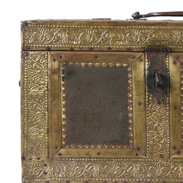 Corner Detail Displaying Brass Etching On Antique Indian Shekhawati Trousseau Box | Indigo Antiques