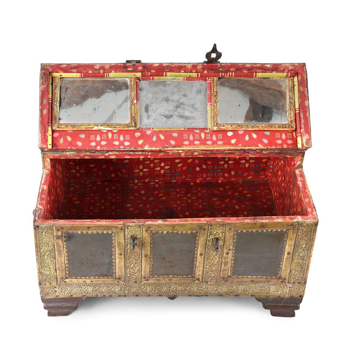 Interior View Showing Fabric And Mirrors In Antique Indian Shekhawati Trousseau Box | Indigo Antiques