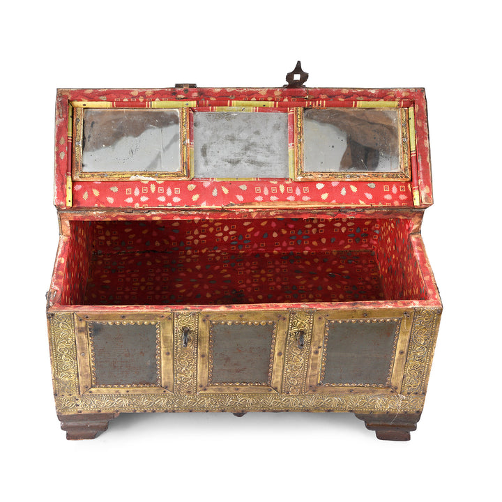 Interior View Showing Fabric And Mirrors In Antique Indian Shekhawati Trousseau Box | Indigo Antiques