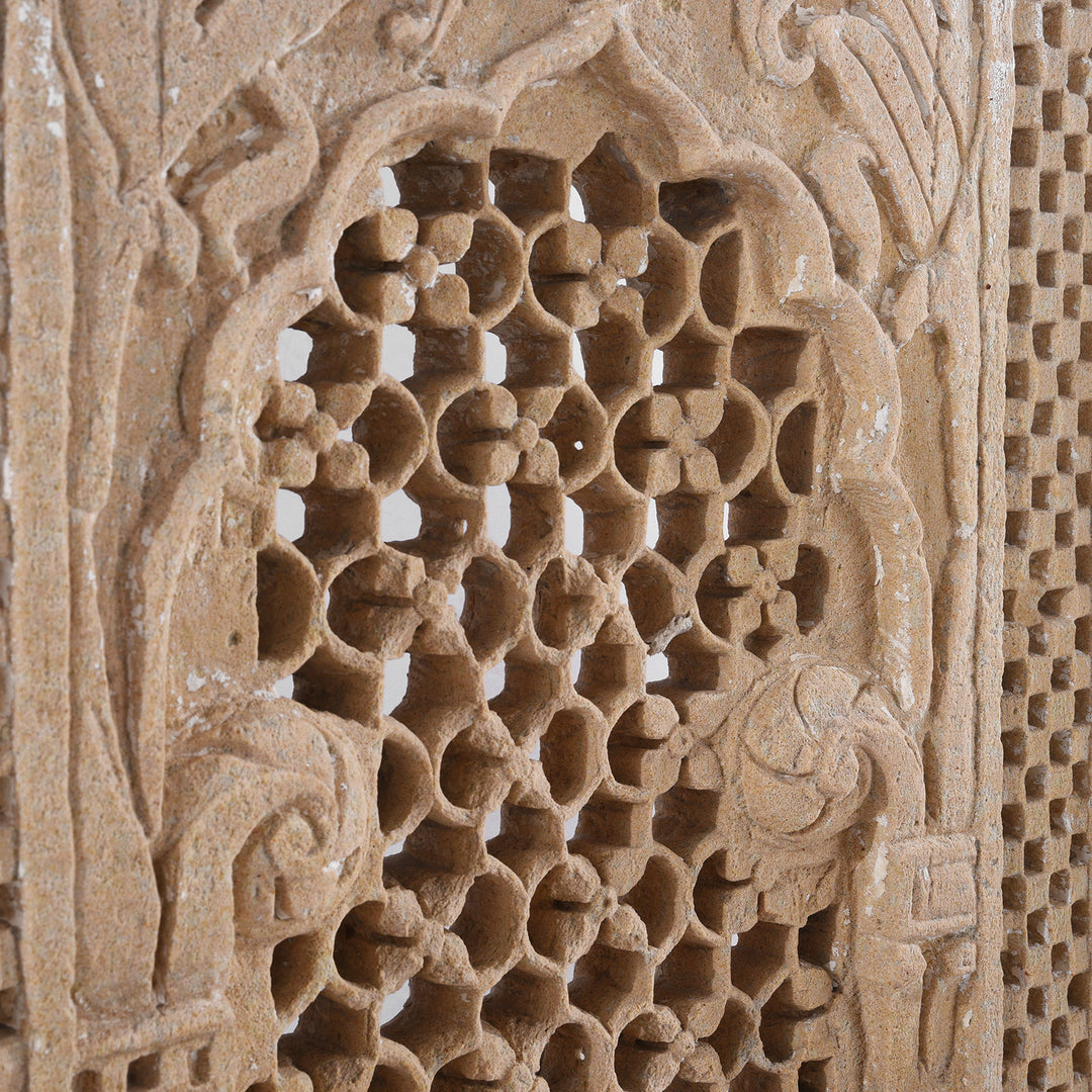 Angled View Of Antique Stone Jali Panel From Rajasthan | Indigo Antiques