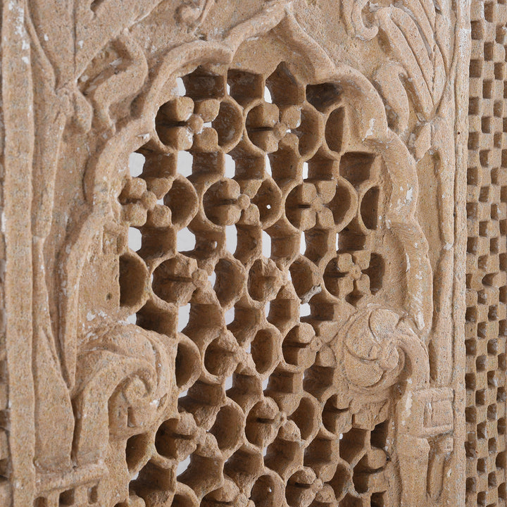 Angled View Of Antique Stone Jali Panel From Rajasthan | Indigo Antiques