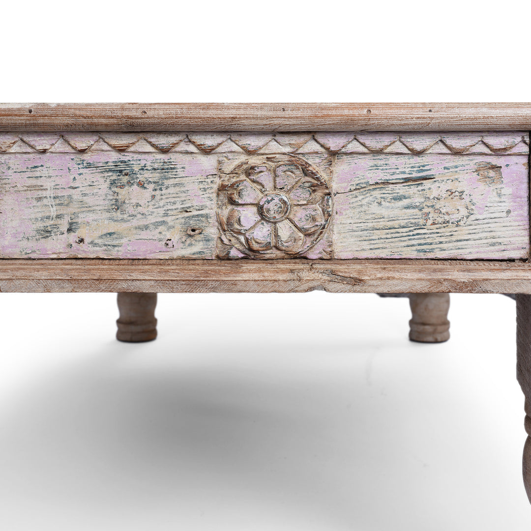 Carving Detail From Side Of Indian Coffee Table Made From Reclaimed Teakwood | Indigo Antiques