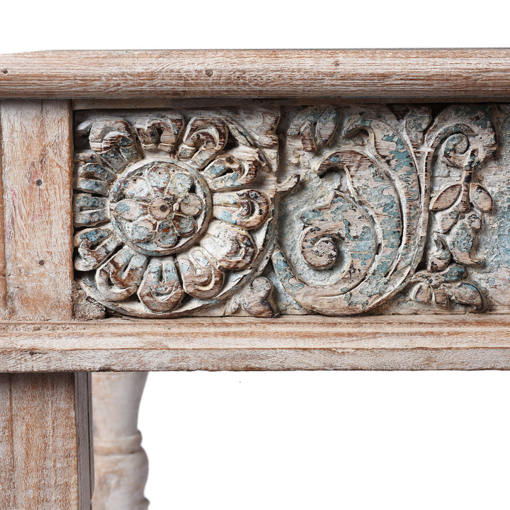Carving Detail From Indian Coffee Table Made From Reclaimed Teakwood | Indigo Antiques
