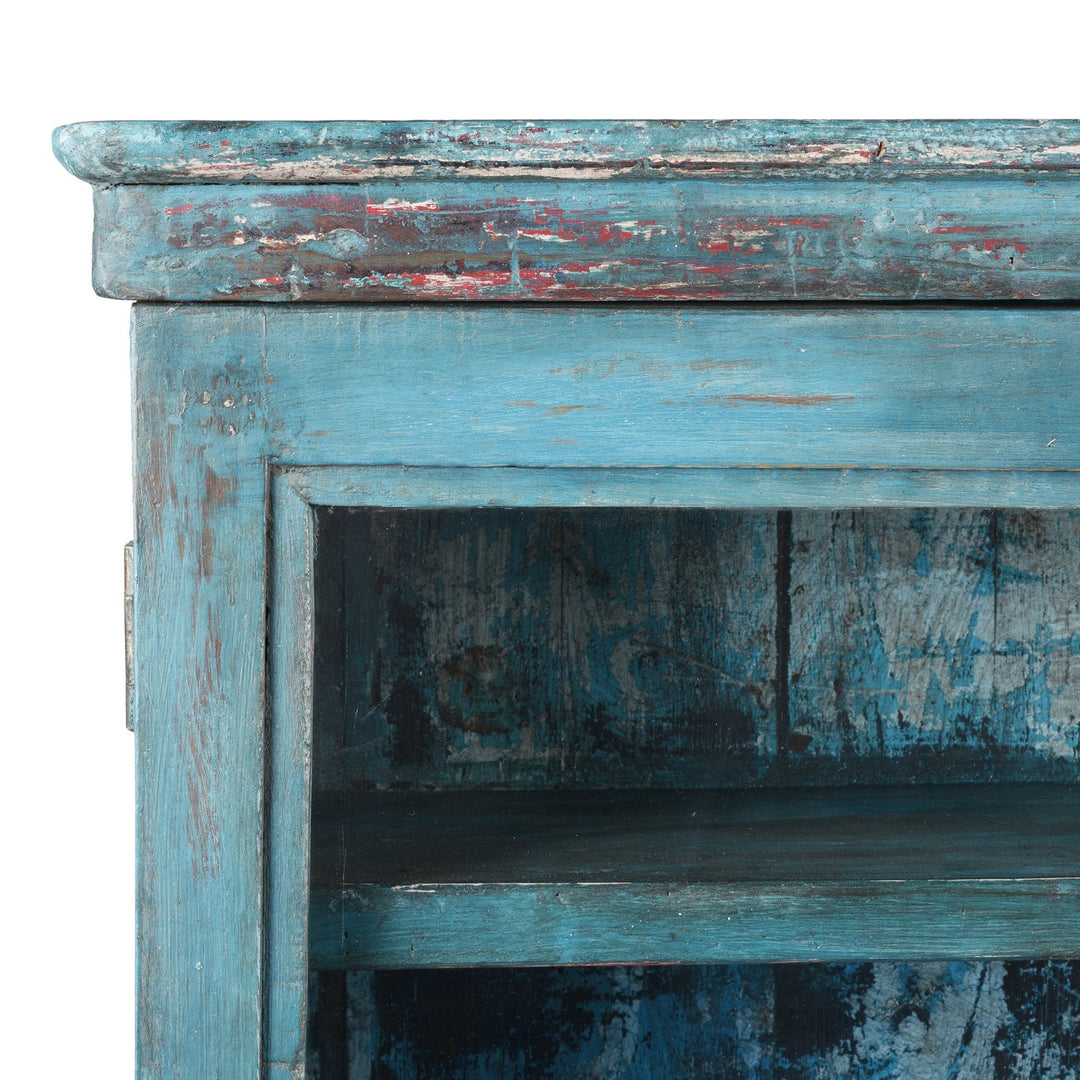 Corner Detail From Vintage Blue Painted Glazed Wall Cabinet | Indigo Antiques
