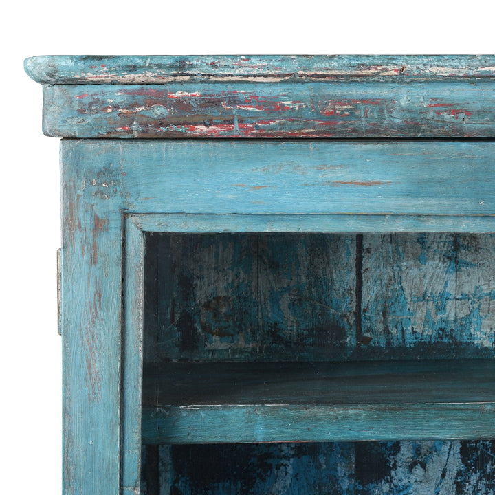 Corner Detail From Vintage Blue Painted Glazed Wall Cabinet | Indigo Antiques
