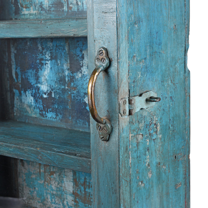 Latch And Handle Detail From Vintage Blue Painted Glazed Wall Cabinet | Indigo Antiques