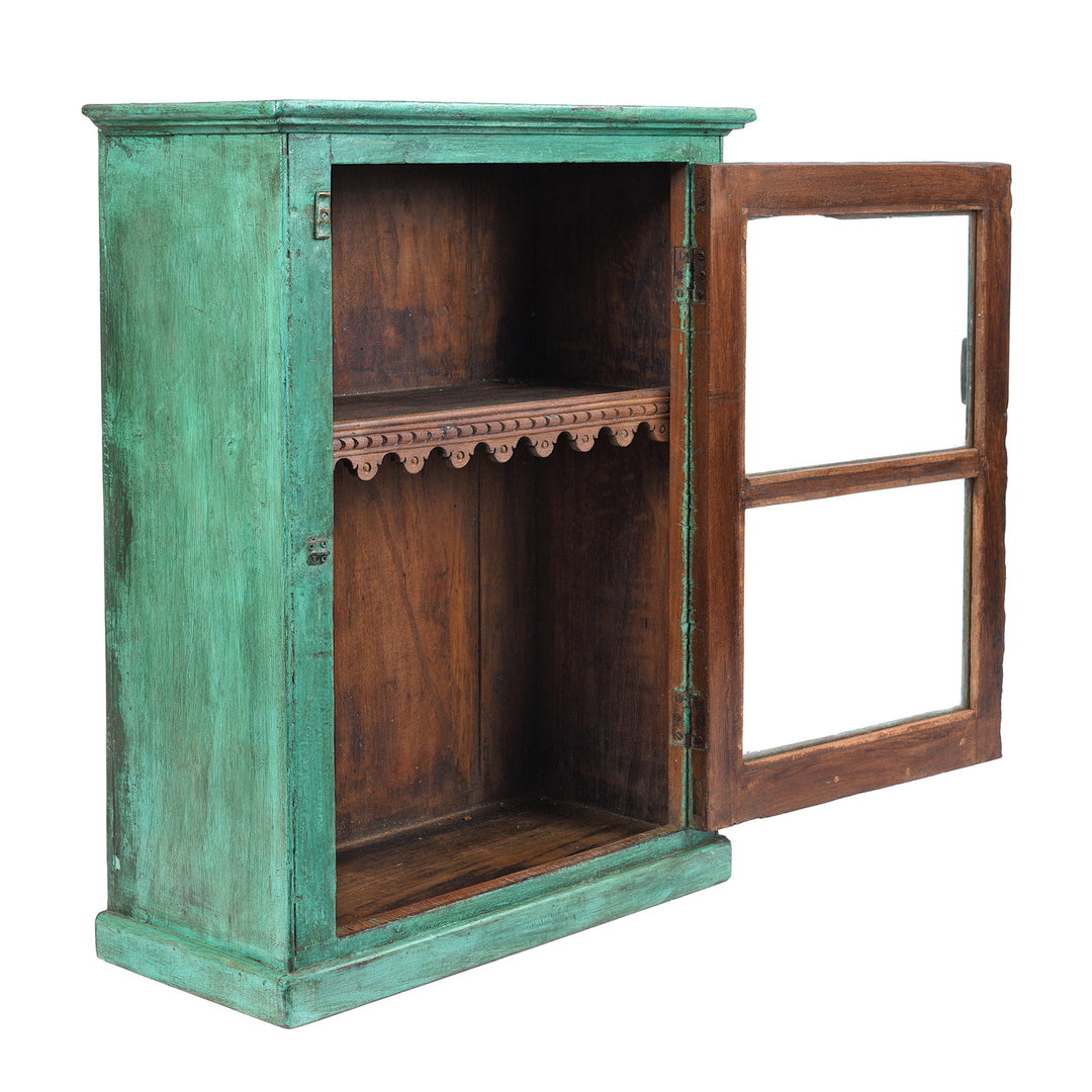Open Angled VIew Of Antique Green Painted Teak Glazed Wall Cabinet - Ca 1930 | Indigo Antiques