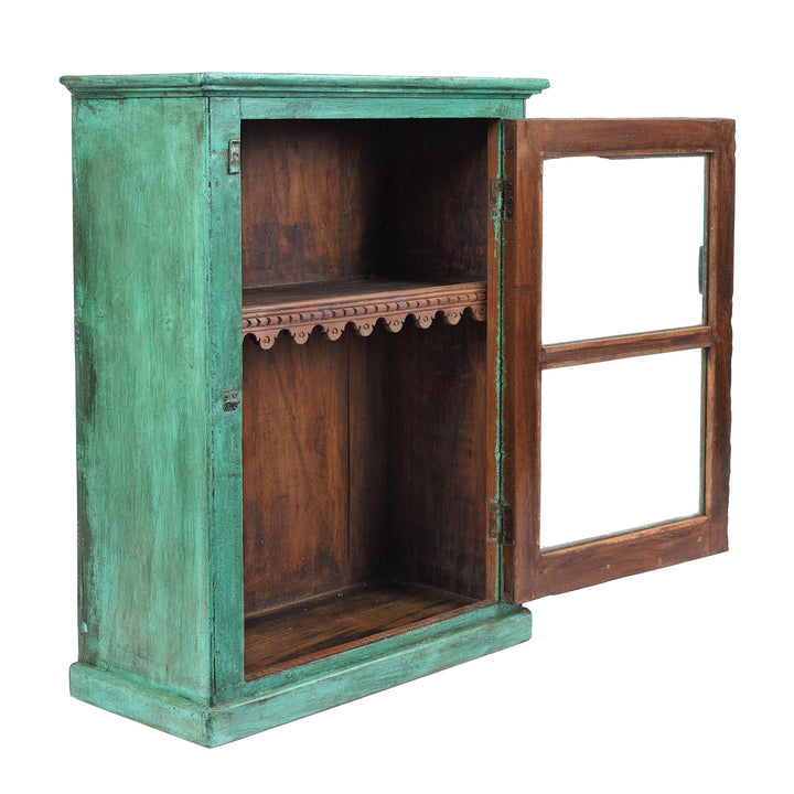 Open Angled VIew Of Antique Green Painted Teak Glazed Wall Cabinet - Ca 1930 | Indigo Antiques