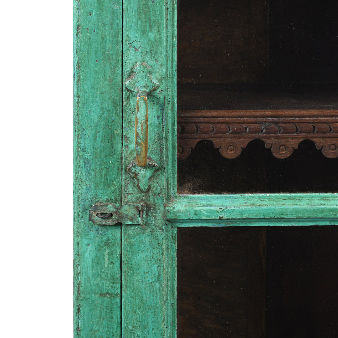 Handle And Latch Detail From Antique Green Painted Teak Glazed Wall Cabinet - Ca 1930 | Indigo Antiques