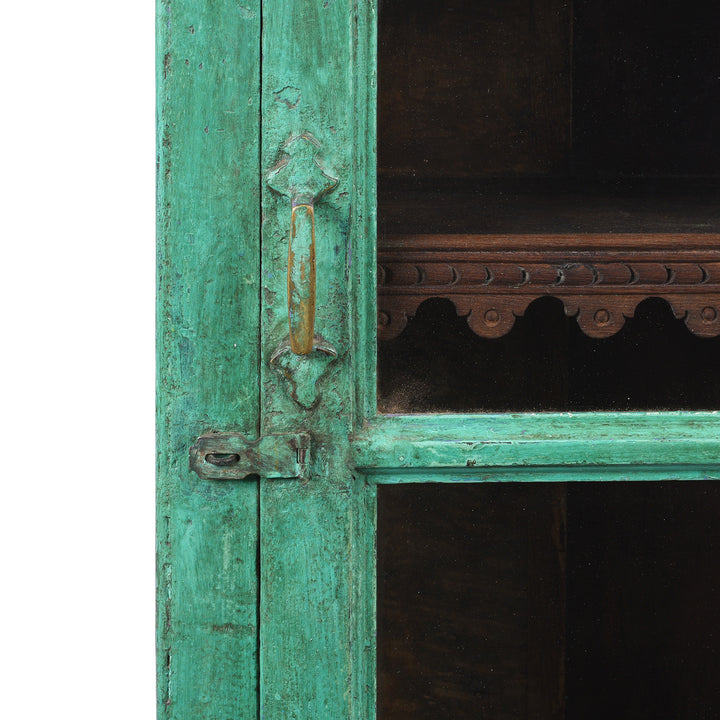 Handle And Latch Detail From Antique Green Painted Teak Glazed Wall Cabinet - Ca 1930 | Indigo Antiques