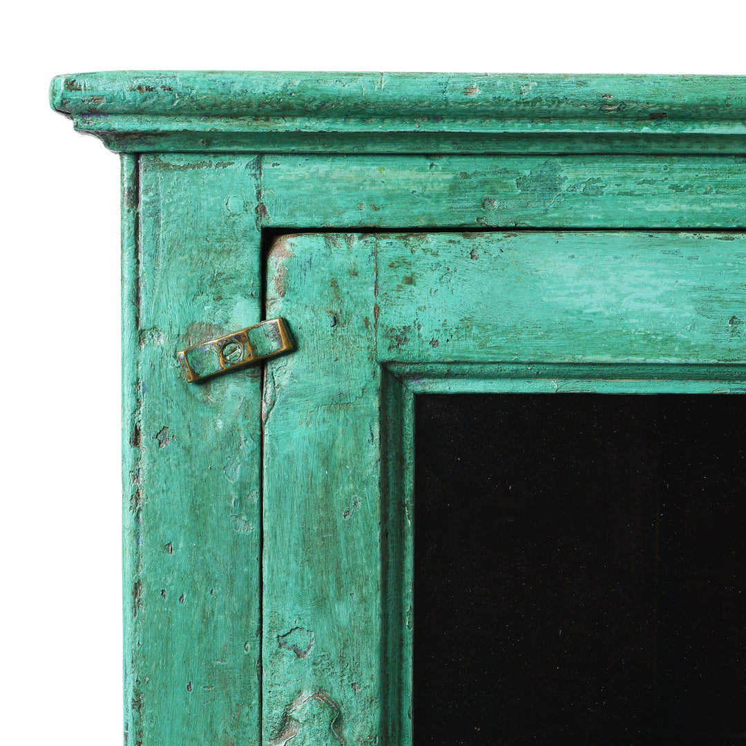 Corner And Latch Detail From Antique Green Painted Teak Glazed Wall Cabinet - Ca 1930 | Indigo Antiques