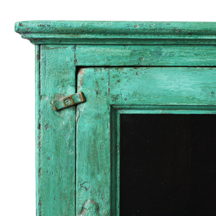 Corner And Latch Detail From Antique Green Painted Teak Glazed Wall Cabinet - Ca 1930 | Indigo Antiques