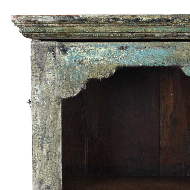 Corner Detail From Vintage Green Painted Glazed Wall Cabinet | Indigo Antiques