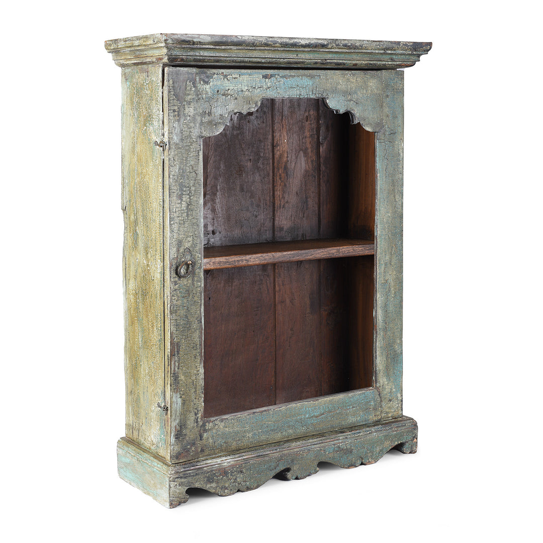 Angled View Of Vintage Green Painted Glazed Wall Cabinet | Indigo Antiques