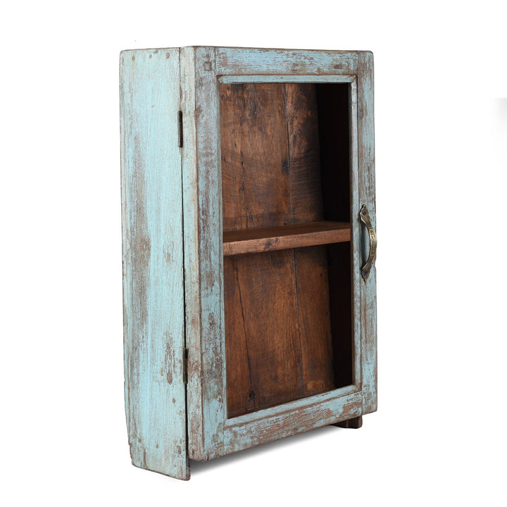 Angled View Of Vintage Blue Painted Glazed Wall Cabinet | Indigo Antiques