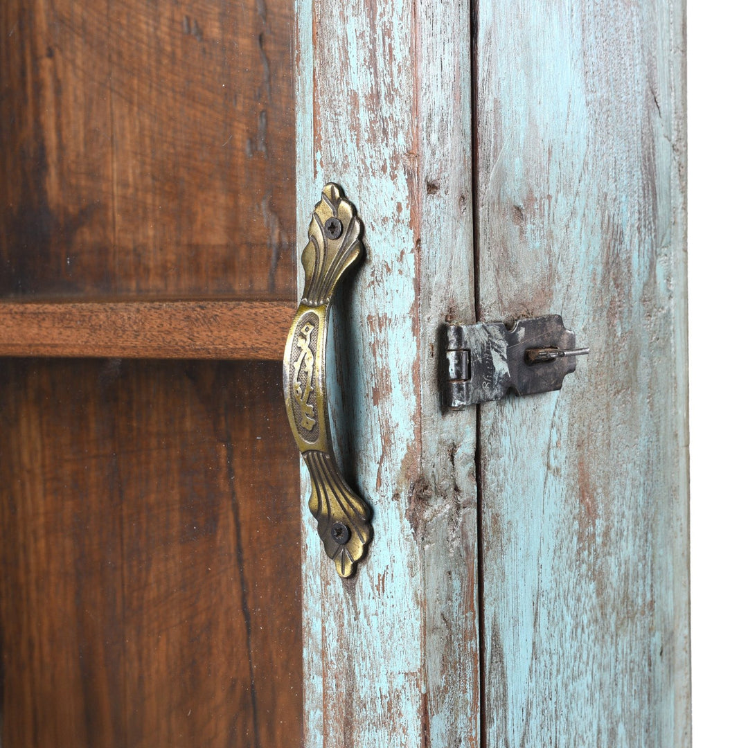 Latch Detail From Vintage Blue Painted Glazed Wall Cabinet | Indigo Antiques