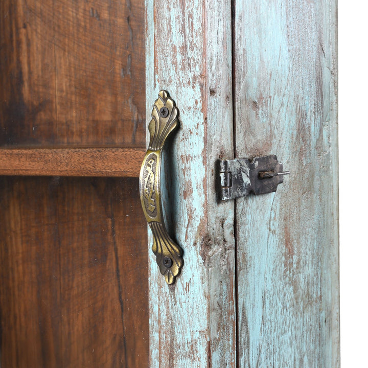 Latch Detail From Vintage Blue Painted Glazed Wall Cabinet | Indigo Antiques
