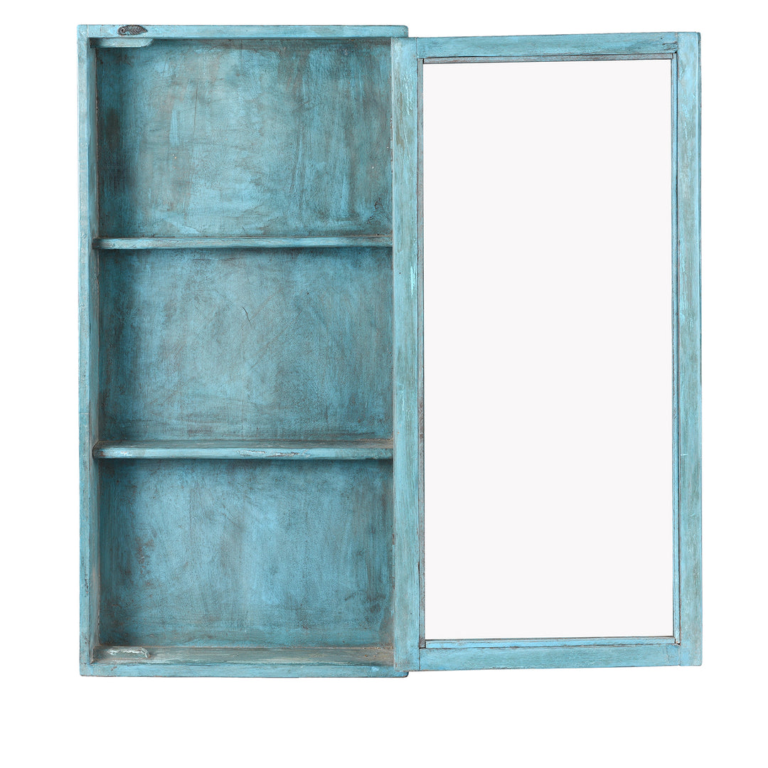 Interior Of Vintage Blue Painted Indian Glazed Wall Cabinets | Indigo Antiques