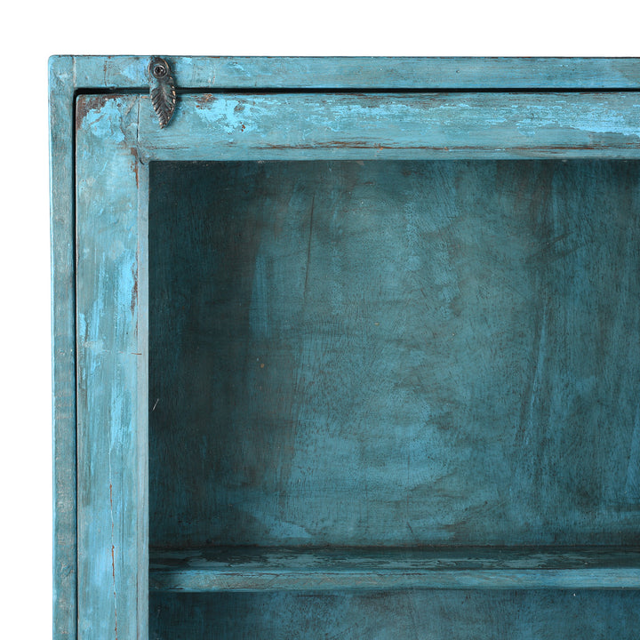 Corner Frame Detail From Vintage Blue Painted Indian Glazed Wall Cabinet | Indigo Antiques