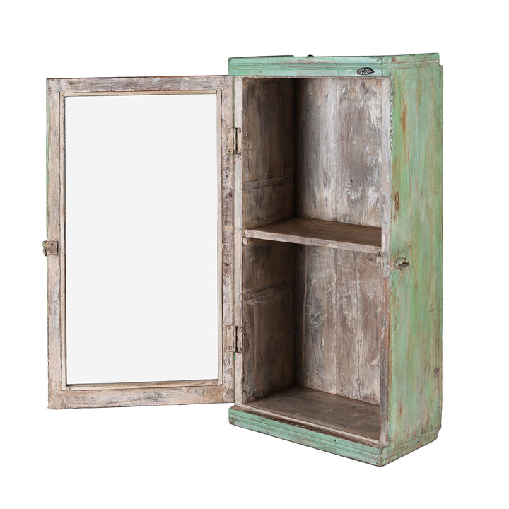 Interior And Angled View Of Vintage Painted Teak Glazed Wall Cabinet | Indigo Antiques