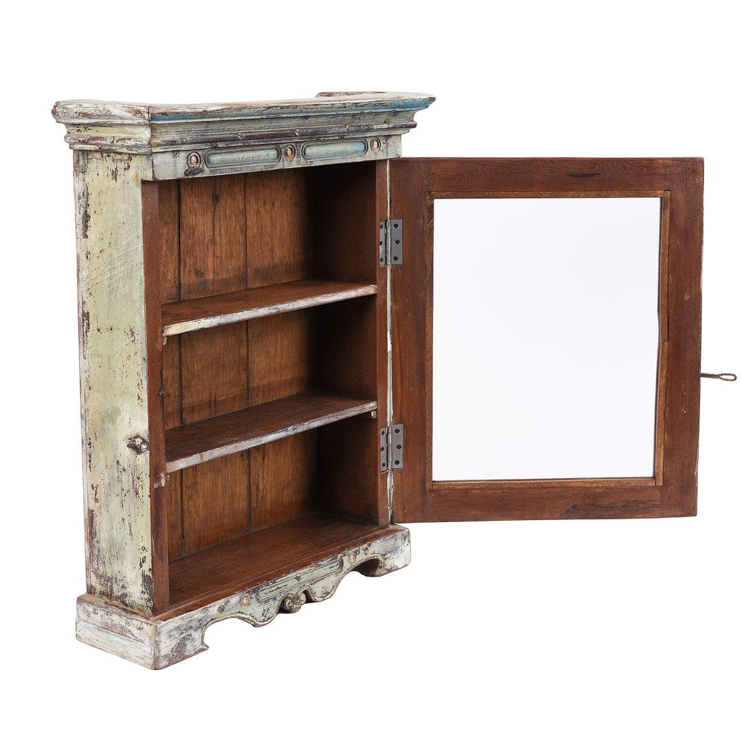 Angled Open View Of Vintage Light Blue Painted Glazed Wall Cabinet | Indigo Antiques