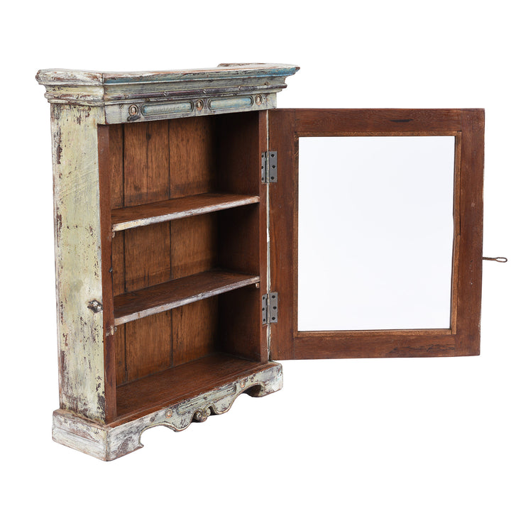 Angled Open View Of Vintage Light Blue Painted Glazed Wall Cabinet | Indigo Antiques