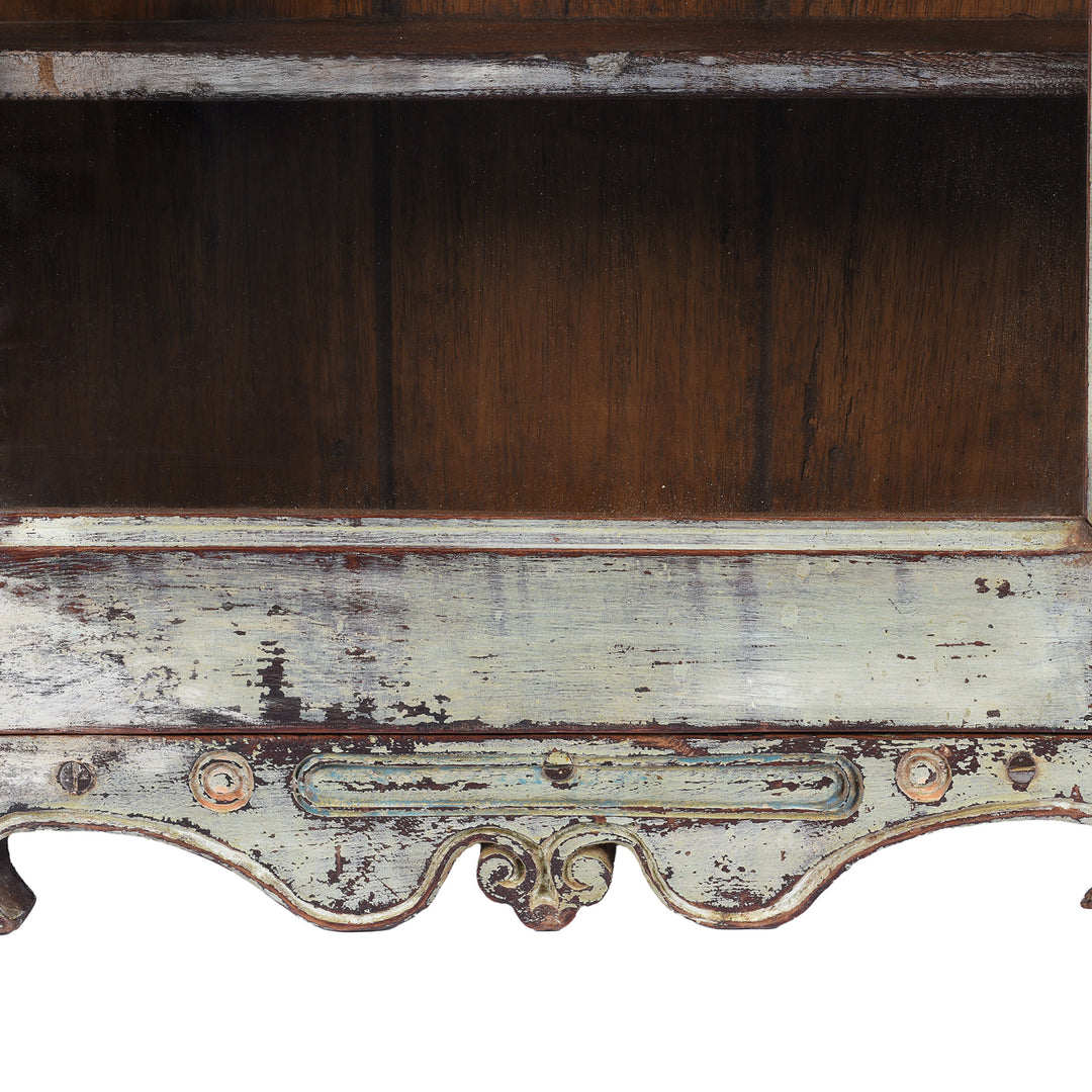 Carving Detail From Vintage Light Blue Painted Glazed Wall Cabinet | Indigo Antiques