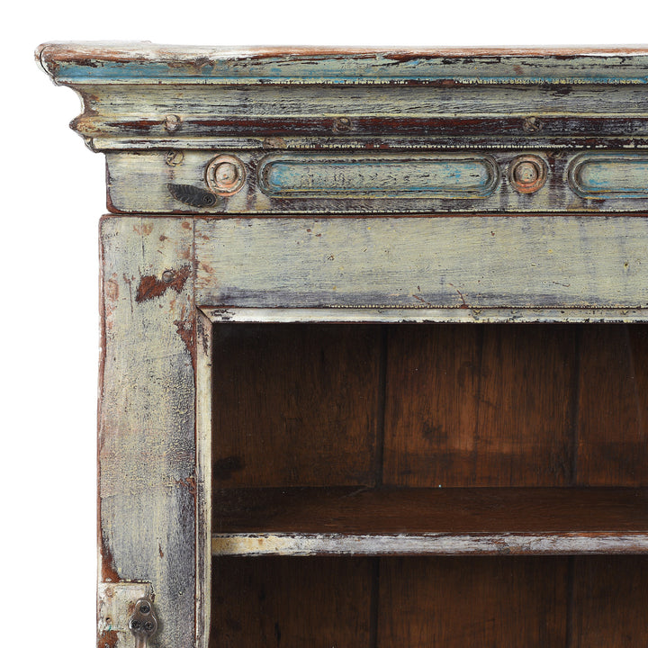 Corner Detail showing Latch On Vintage Light Blue Painted Glazed Wall Cabinet | Indigo Antiques