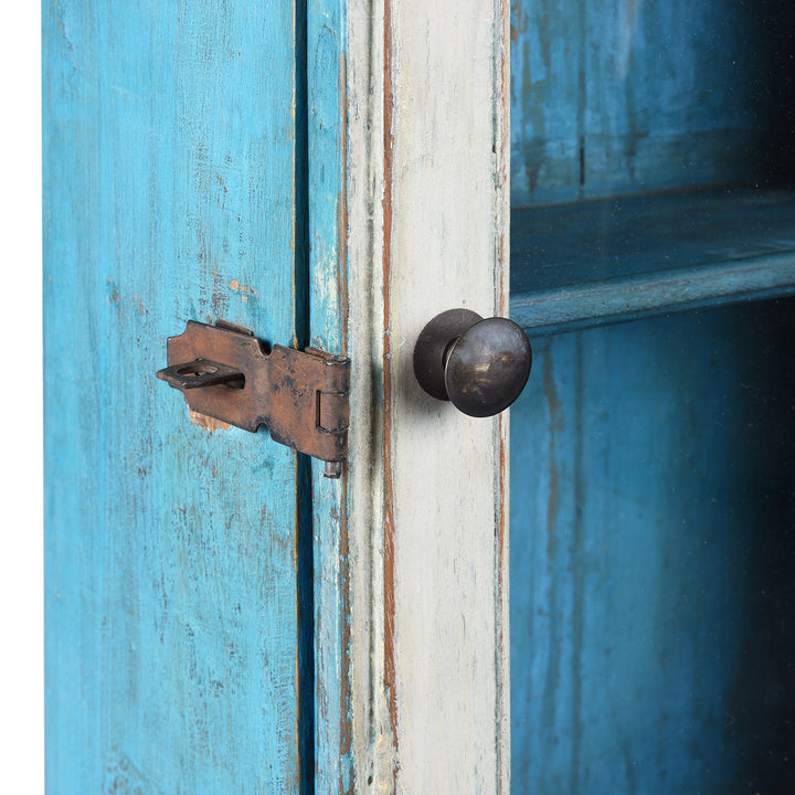 Latch Detail From Vintage Blue Painted Teak Glazed Wall Cabinet | Indigo Antiques
