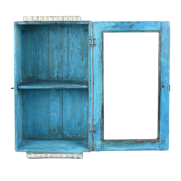 Interior Of Vintage Blue Painted Teak Glazed Wall Cabinet | Indigo Antiques