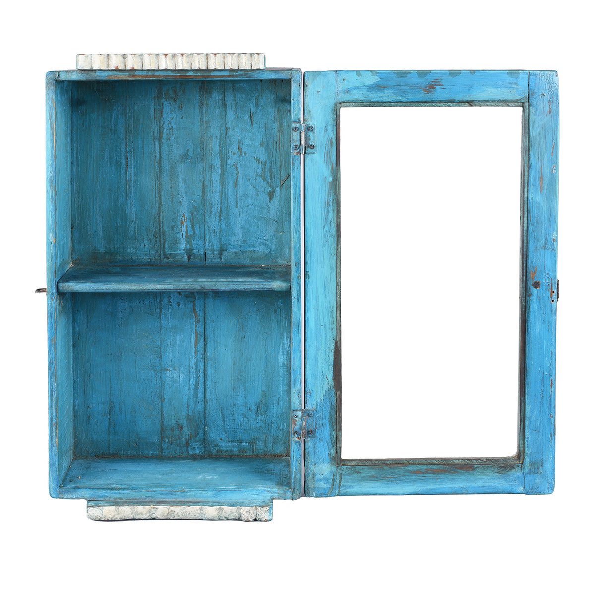Interior Of Vintage Blue Painted Teak Glazed Wall Cabinet | Indigo Antiques