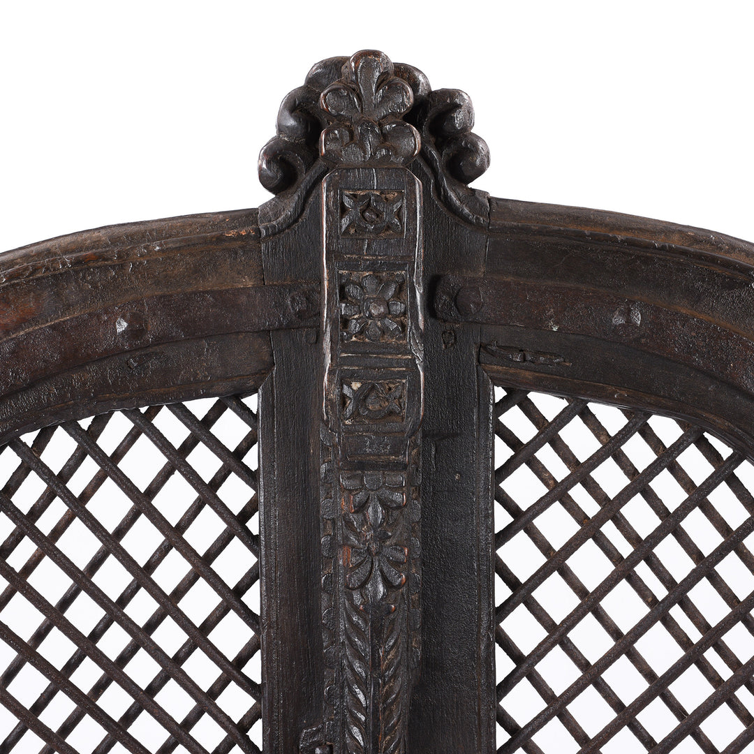 Central Pillar Carving Detail From Antique Teak & Iron Jali Dog Gate From Gujarat | INDIGO ANTIQUES
