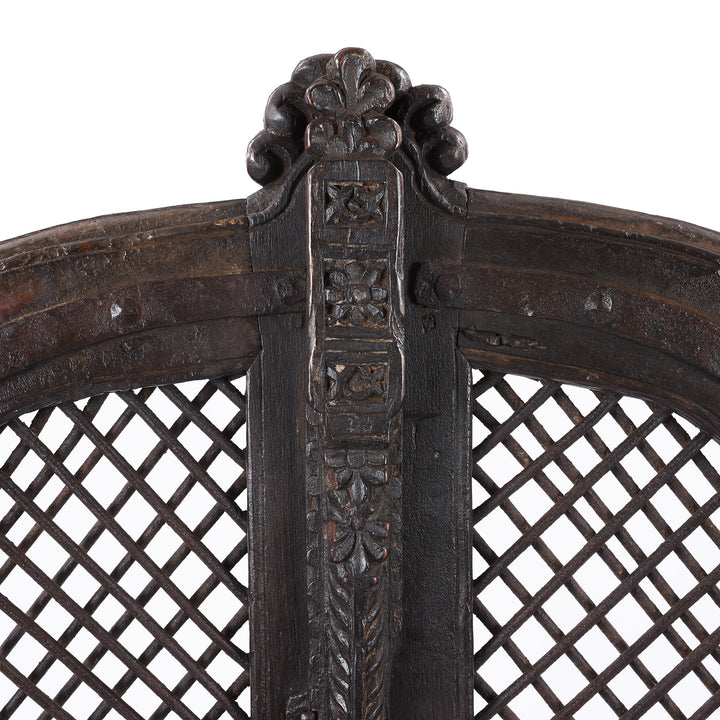 Central Pillar Carving Detail From Antique Teak & Iron Jali Dog Gate From Gujarat | INDIGO ANTIQUES