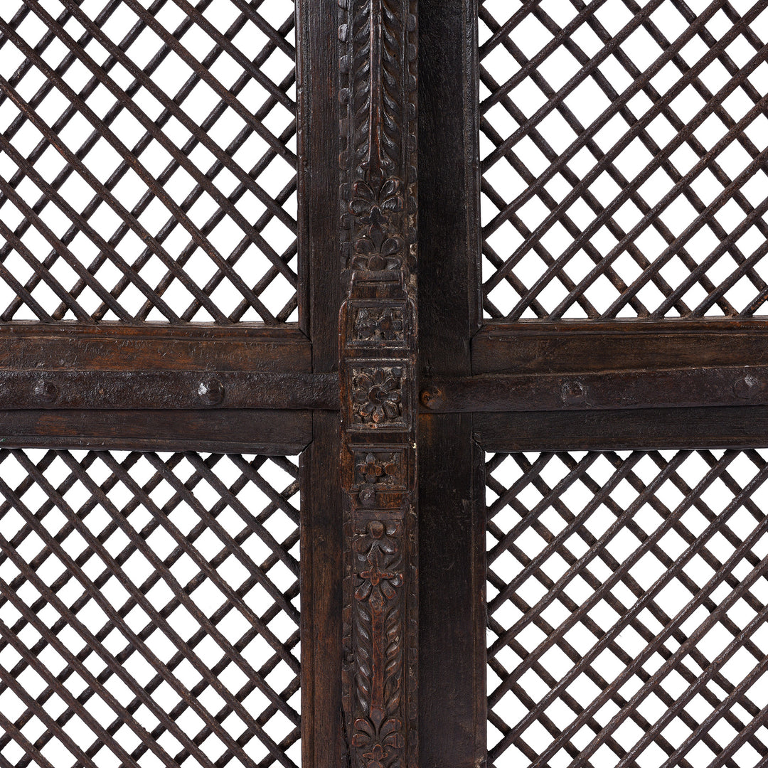 Central Pillar Carving And Jali Detail From Antique Teak & Iron Jali Dog Gate From Gujarat | INDIGO ANTIQUES