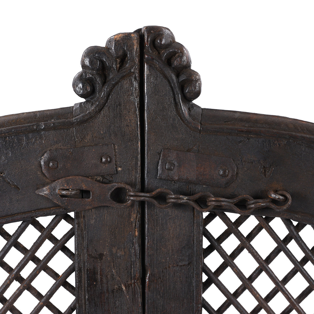 Latch On The Back Of Antique Teak & Iron Jali Dog Gate From Gujarat | INDIGO ANTIQUES