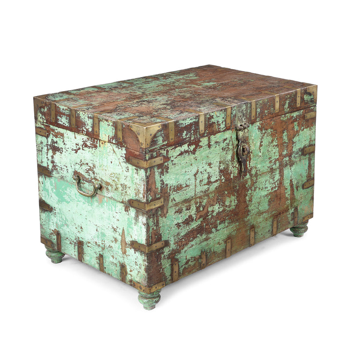 Angled VIew Of Painted Brass Bound Military Chest From Rajasthan -19th Century | Indigo Antiques