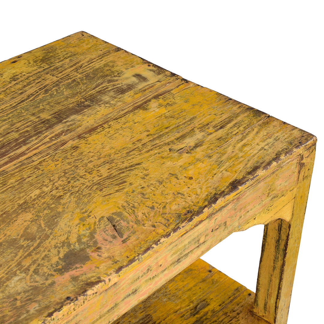 Surface Detail From Vintage Yellow Indian Painted Slated Teak Shelf From Gujarat | Indigo Antiques