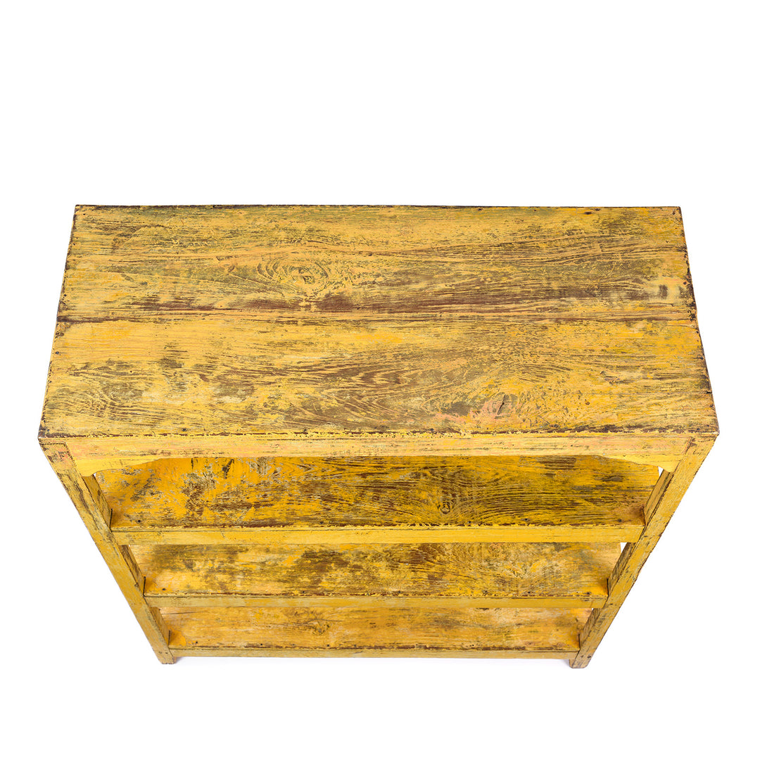 Top Down View Of Vintage Yellow Indian Painted Slated Teak Shelf From Gujarat | Indigo Antiques