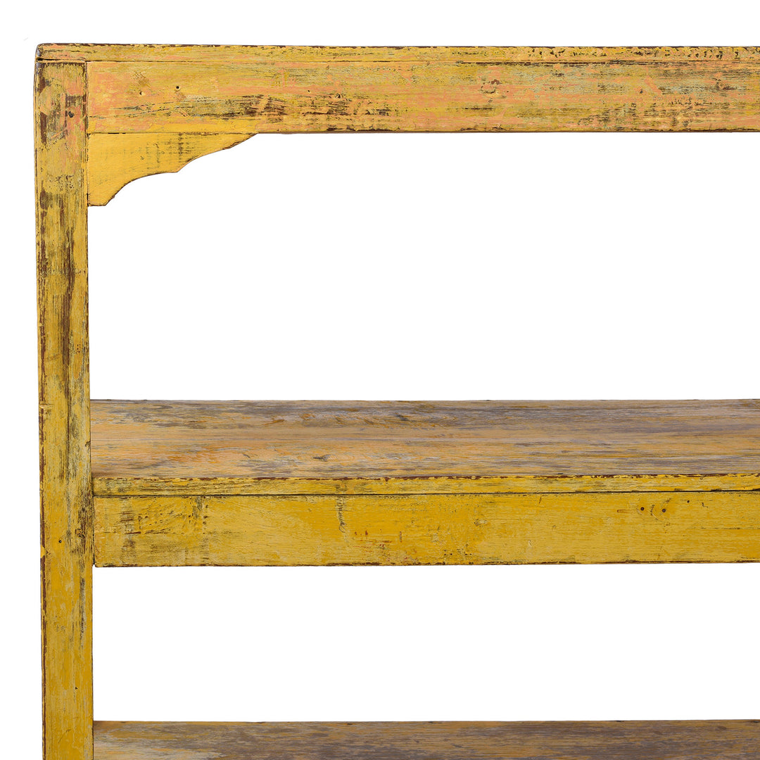 Corner Detail From Vintage Yellow Indian Painted Slated Teak Shelf From Gujarat | Indigo Antiques