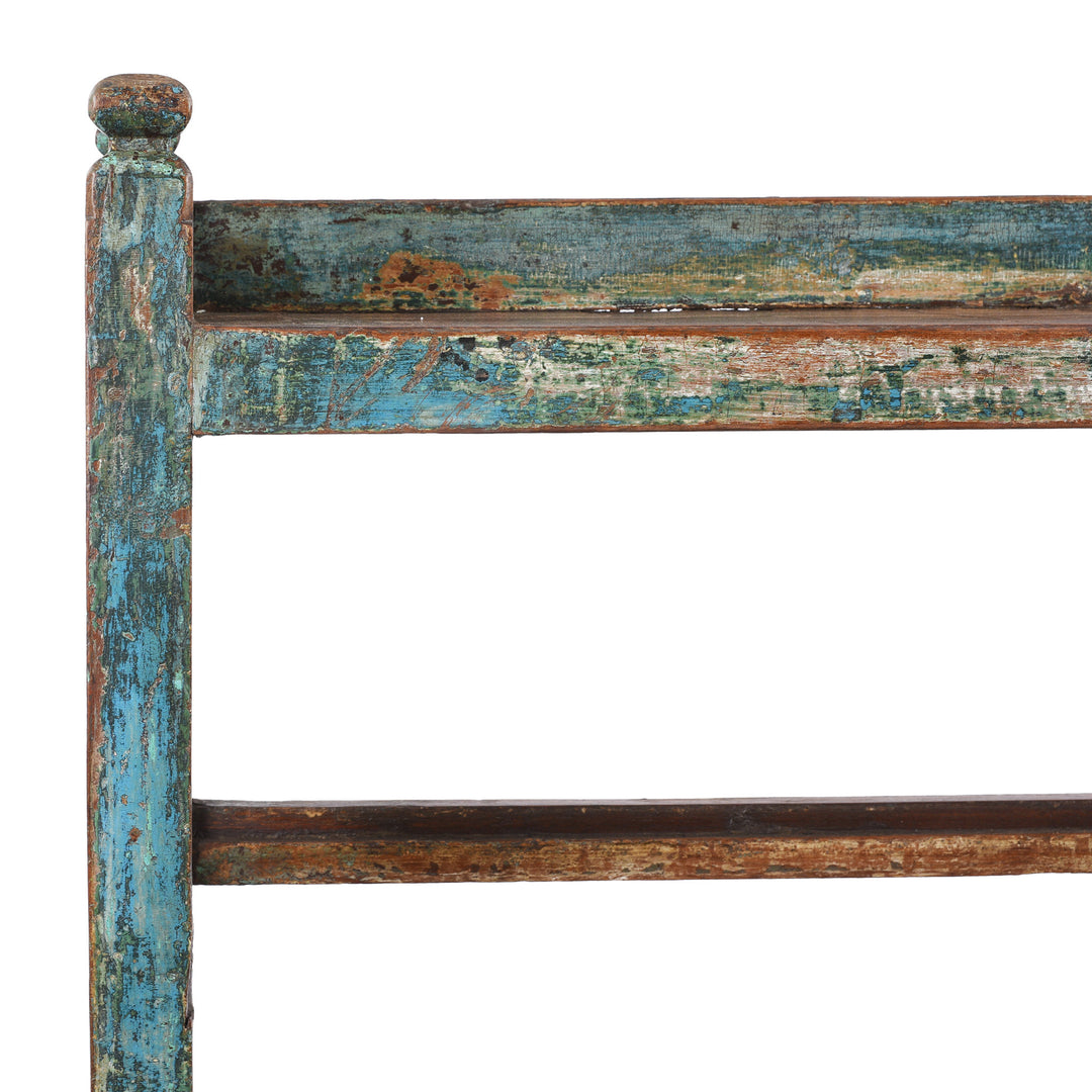 Corner Detail From Vintage Blue Indian Painted Teak Shelf From Gujarat | Indigo Antiques