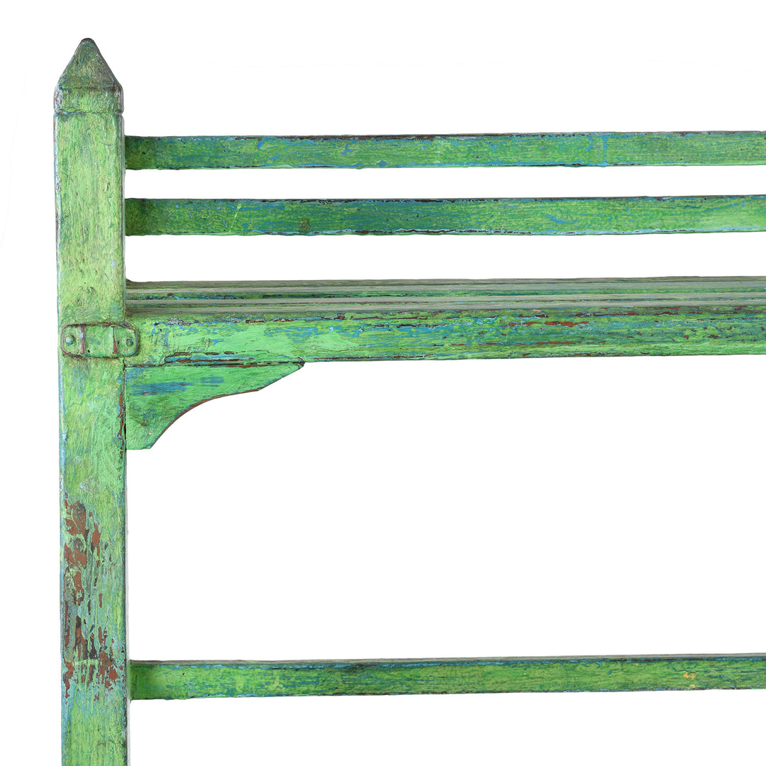Corner Detail From Vintage Green Indian Painted Slated Teak Shelf From Gujarat | Indigo Antiques
