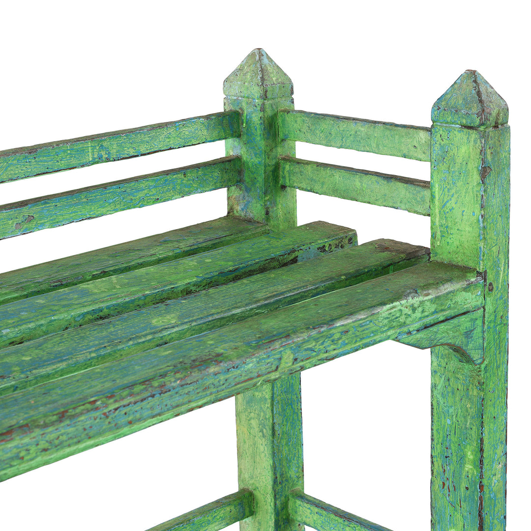 Depth Detail From Vintage Green Indian Painted Slated Teak Shelf From Gujarat | Indigo Antiques