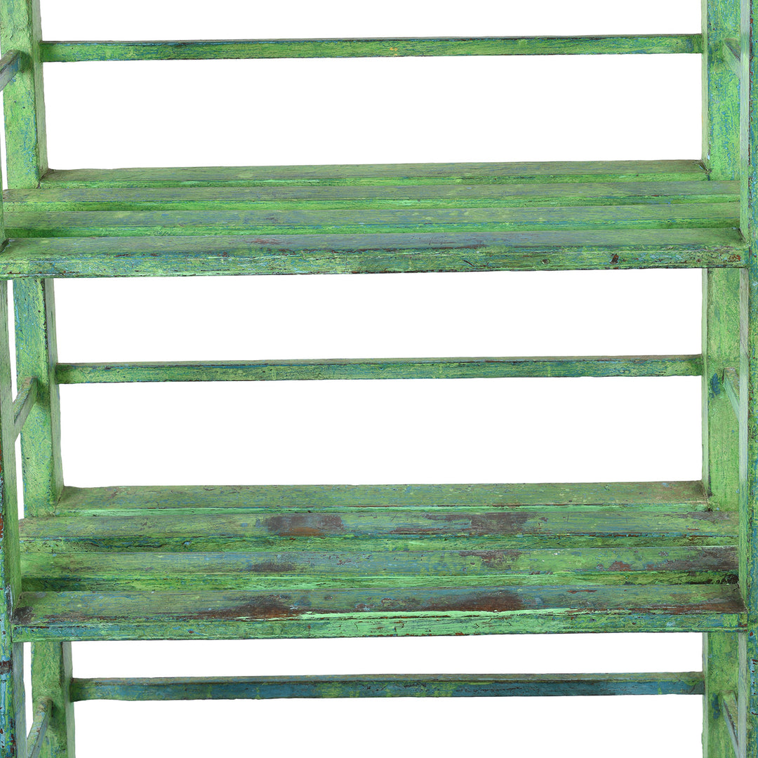 Shelf Slats Detail From Vintage Green Indian Painted Slated Teak Shelf From Gujarat | Indigo Antiques