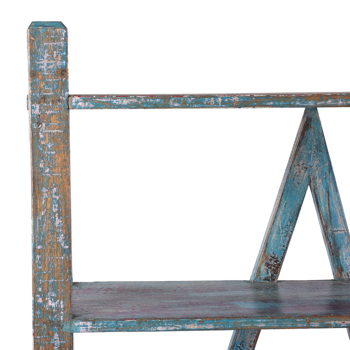 Corner Detail From Vintage Blue Indian Painted Teak Shelf From Gujarat | Indigo Antiques
