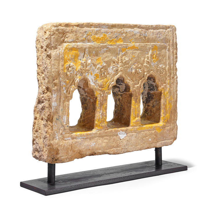 Anled View Of Option 1 Antique Hand-Carved Yellow Stone Lamp Niches From Jaisalmer, Mounted On Iron Stands