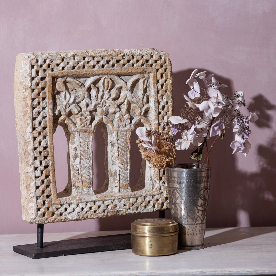 Option 2 Antique Hand-Carved Yellow Stone Lamp Niches From Jaisalmer, Mounted On Iron Stands