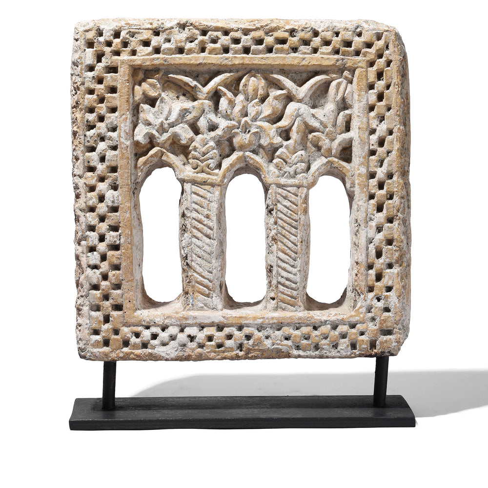 Option 2 Antique Hand-Carved Yellow Stone Lamp Niches From Jaisalmer, Mounted On Iron Stands