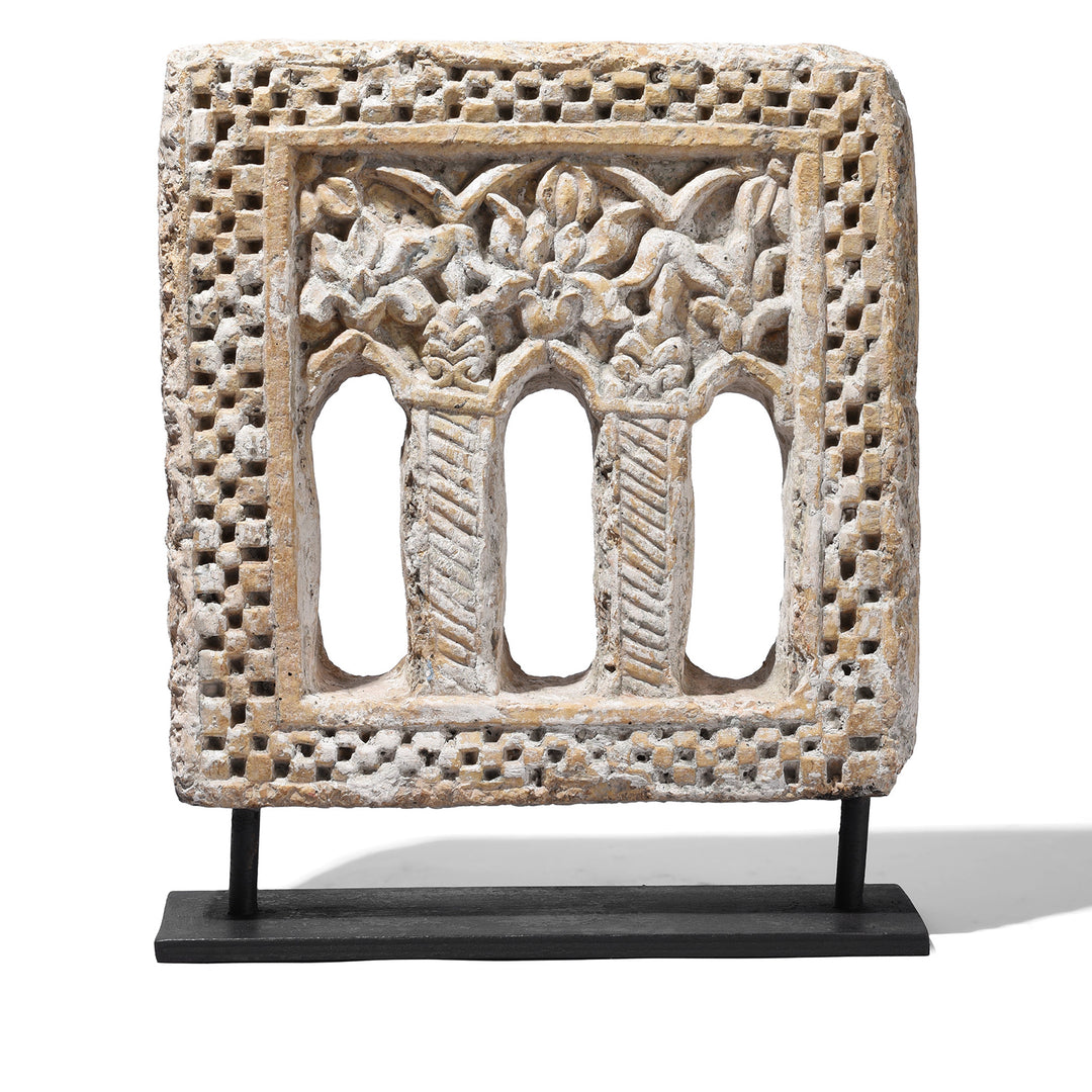 Option 2 Antique Hand-Carved Yellow Stone Lamp Niches From Jaisalmer, Mounted On Iron Stands