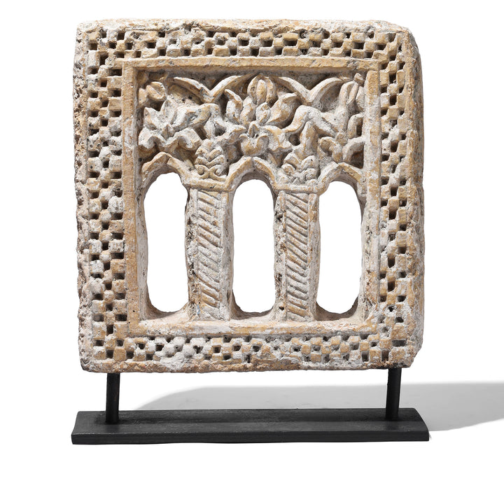 Option 2 Antique Hand-Carved Yellow Stone Lamp Niches From Jaisalmer, Mounted On Iron Stands