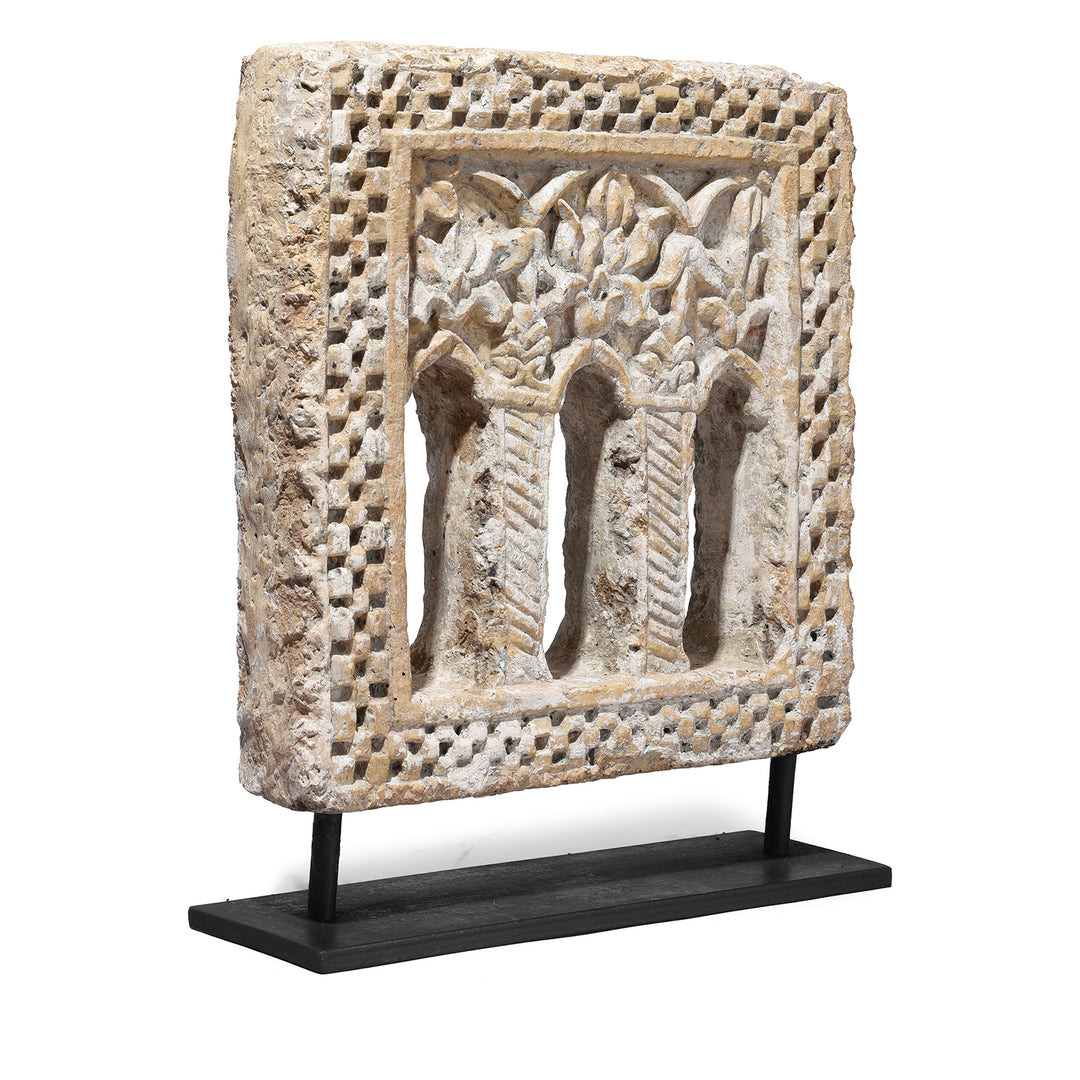 Angled View Of Option 2 Antique Hand-Carved Yellow Stone Lamp Niches From Jaisalmer, Mounted On Iron Stands